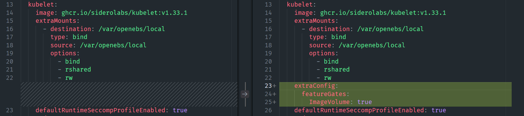 Kubelet patch diff showing ImageVolume feature gate addition